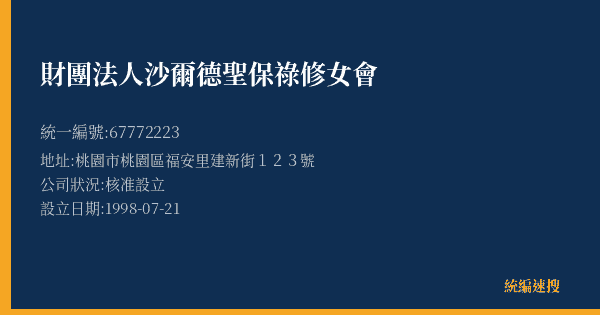 財團法人沙爾德聖保祿修女會的照片-統編 67772223(桃園市) 公司登記資料與營業項目詳細圖表