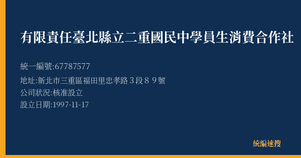 有限責任臺北縣立二重國民中學員生消費合作社的照片-統編 67787577(新北市) 公司登記資料與營業項目詳細圖表
