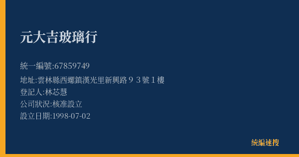 元大吉玻璃行的照片-統編 67859749(雲林縣) 公司登記資料與營業項目詳細圖表