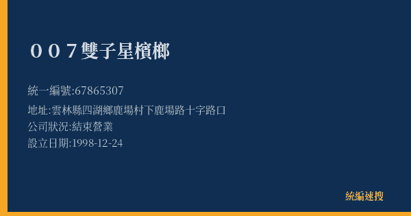 007雙子星檳榔的照片-統編 67865307(雲林縣) 公司登記資料與營業項目詳細圖表