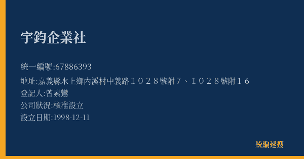 宇鈞企業社的照片-統編 67886393(嘉義縣) 公司登記資料與營業項目詳細圖表