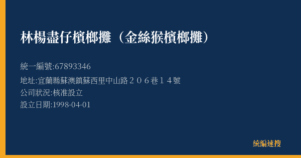 林楊盡仔檳榔攤(金絲猴檳榔攤)的照片-統編 67893346(宜蘭縣) 公司登記資料與營業項目詳細圖表
