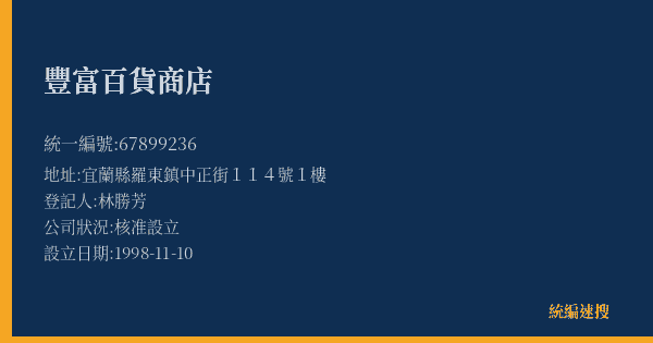 豐富百貨商店的照片-統編 67899236(宜蘭縣) 公司登記資料與營業項目詳細圖表