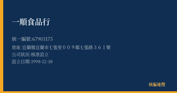 一順食品行的照片-統編 67903175(宜蘭縣) 公司登記資料與營業項目詳細圖表
