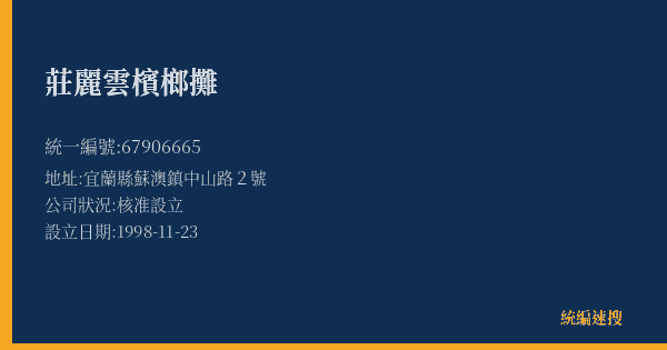 莊麗雲檳榔攤的照片-統編 67906665(宜蘭縣) 公司登記資料與營業項目詳細圖表
