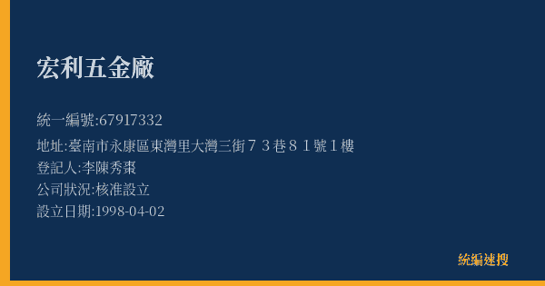 宏利五金廠的照片-統編 67917332(臺南市) 公司登記資料與營業項目詳細圖表