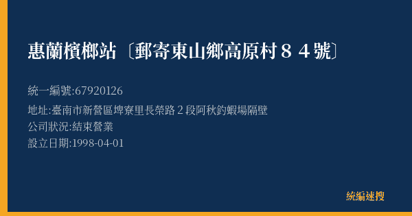 惠蘭檳榔站〔郵寄東山鄉高原村84號〕的照片-統編 67920126(臺南市) 公司登記資料與營業項目詳細圖表