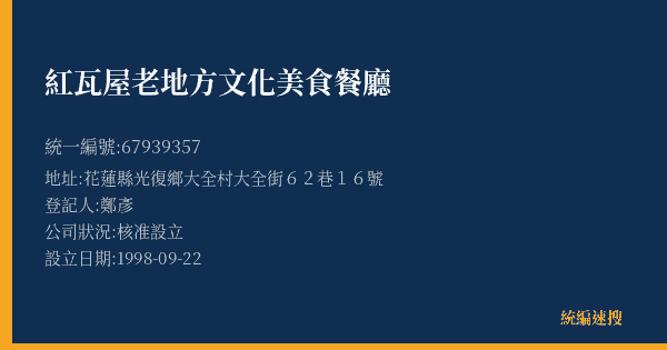 紅瓦屋老地方文化美食餐廳的照片-統編 67939357(花蓮縣) 公司登記資料與營業項目詳細圖表