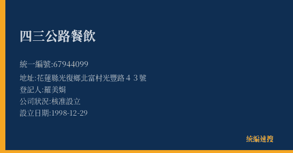 四三公路餐飲的照片-統編 67944099(花蓮縣) 公司登記資料與營業項目詳細圖表