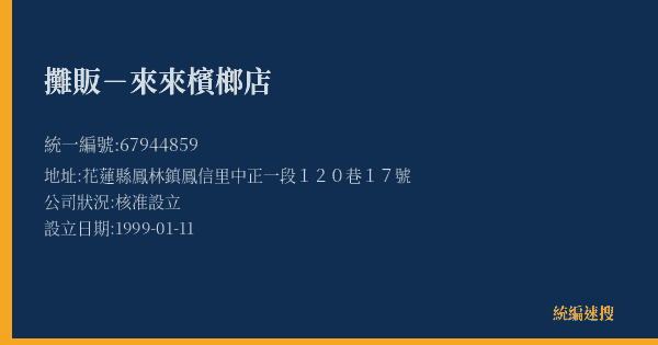 攤販-來來檳榔店的照片-統編 67944859(花蓮縣) 公司登記資料與營業項目詳細圖表