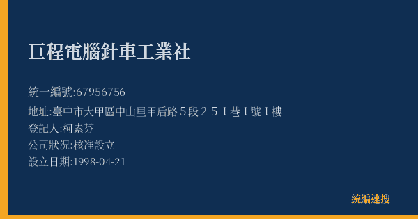 巨程電腦針車工業社的照片-統編 67956756(臺中市) 公司登記資料與營業項目詳細圖表