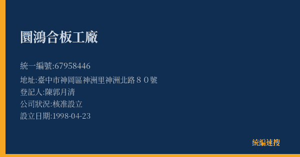 圜鴻合板工廠的照片-統編 67958446(臺中市) 公司登記資料與營業項目詳細圖表