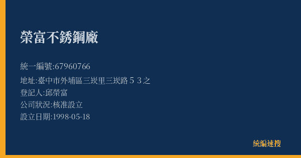 榮富不銹鋼廠的照片-統編 67960766(臺中市) 公司登記資料與營業項目詳細圖表