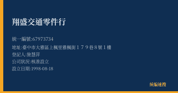 翔盛交通零件行的照片-統編 67973734(臺中市) 公司登記資料與營業項目詳細圖表