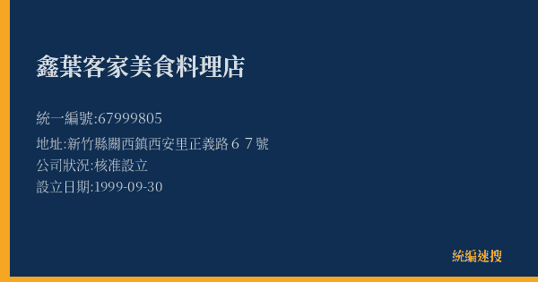 鑫葉客家美食料理店的照片-統編 67999805(新竹縣) 公司登記資料與營業項目詳細圖表