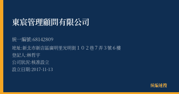 東宸管理顧問有限公司的照片-統編 68142809(新北市) 公司登記資料與營業項目詳細圖表