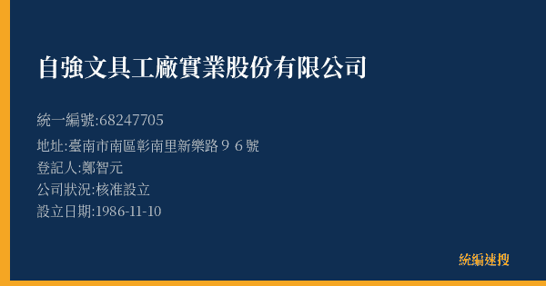 自強文具工廠實業股份有限公司的照片-統編 68247705(臺南市) 公司登記資料與營業項目詳細圖表