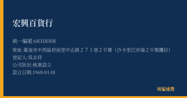 宏興百貨行的照片-統編 68318308(臺南市) 公司登記資料與營業項目詳細圖表