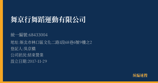 舞京行舞蹈運動有限公司的照片-統編 68433004(新北市) 公司登記資料與營業項目詳細圖表