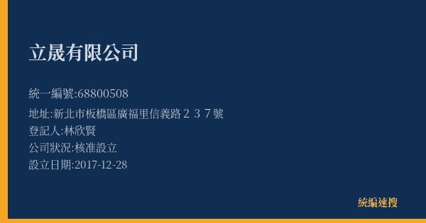 立晟有限公司的照片-統編 68800508(新北市) 公司登記資料與營業項目詳細圖表