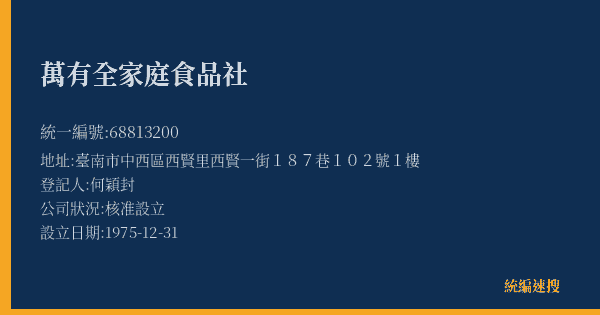 萬有全家庭食品社的照片-統編 68813200(臺南市) 公司登記資料與營業項目詳細圖表
