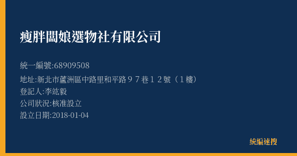 瘦胖闆娘選物社有限公司的照片-統編 68909508(新北市) 公司登記資料與營業項目詳細圖表