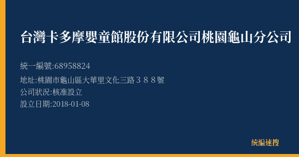 台灣卡多摩嬰童館股份有限公司桃園龜山分公司的照片-統編 68958824(桃園市) 公司登記資料與營業項目詳細圖表