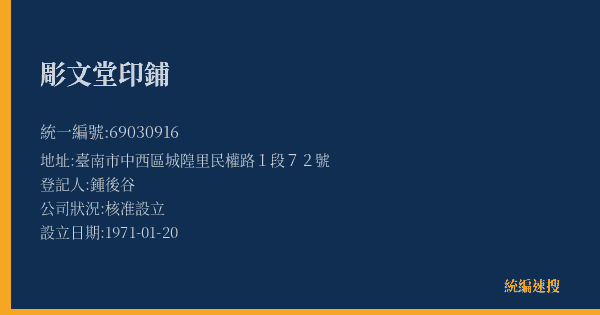 彫文堂印鋪的照片-統編 69030916(臺南市) 公司登記資料與營業項目詳細圖表