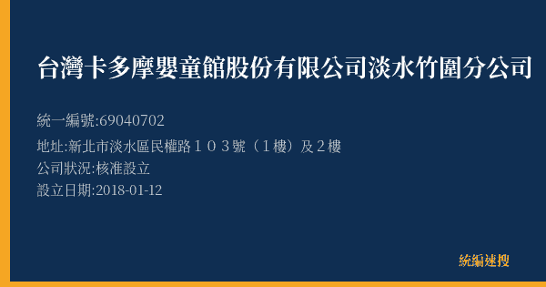 台灣卡多摩嬰童館股份有限公司淡水竹圍分公司的照片-統編 69040702(新北市) 公司登記資料與營業項目詳細圖表