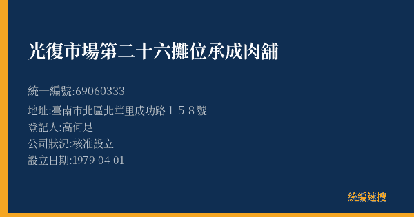 光復市場第二十六攤位承成肉舖的照片-統編 69060333(臺南市) 公司登記資料與營業項目詳細圖表