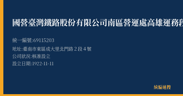 國營臺灣鐵路股份有限公司南區營運處高雄運務段臺南站的照片-統編 69115203(臺南市) 公司登記資料與營業項目詳細圖表