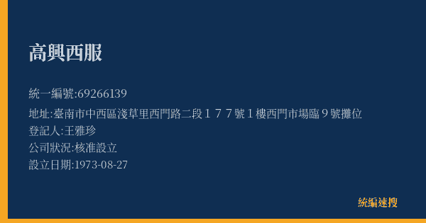 高興西服的照片-統編 69266139(臺南市) 公司登記資料與營業項目詳細圖表