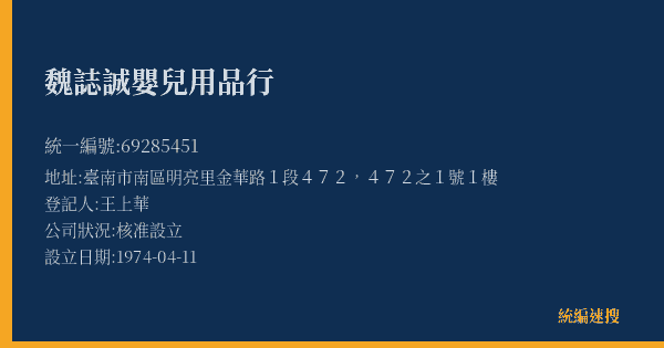 魏誌誠嬰兒用品行的照片-統編 69285451(臺南市) 公司登記資料與營業項目詳細圖表