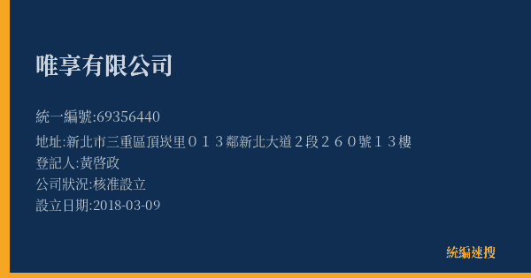 唯享有限公司的照片-統編 69356440(新北市) 公司登記資料與營業項目詳細圖表