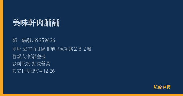 美味軒肉脯舖的照片-統編 69359636(臺南市) 公司登記資料與營業項目詳細圖表
