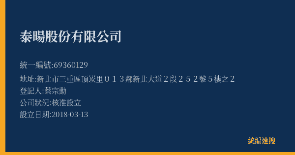泰暘股份有限公司的照片-統編 69360129(新北市) 公司登記資料與營業項目詳細圖表
