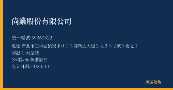 尚業股份有限公司的照片-統編 69363322(新北市) 公司登記資料與營業項目詳細圖表