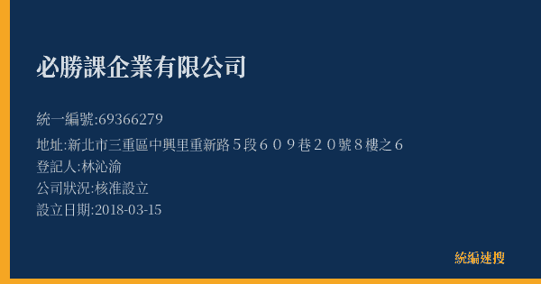 必勝課企業有限公司的照片-統編 69366279(新北市) 公司登記資料與營業項目詳細圖表