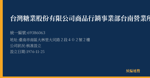 台灣糖業股份有限公司商品行銷事業部台南營業所的照片-統編 69386063(臺南市) 公司登記資料與營業項目詳細圖表