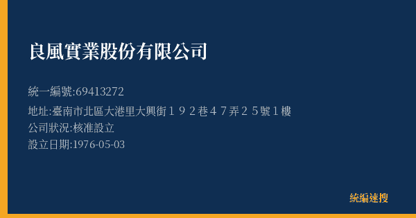 良風實業股份有限公司的照片-統編 69413272(臺南市) 公司登記資料與營業項目詳細圖表