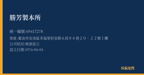 勝芳製本所的照片-統編 69417278(臺南市) 公司登記資料與營業項目詳細圖表