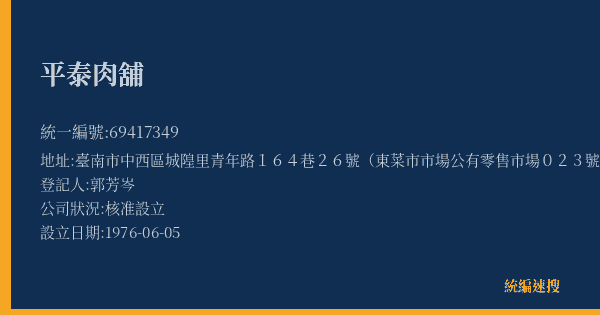 平泰肉舖的照片-統編 69417349(臺南市) 公司登記資料與營業項目詳細圖表