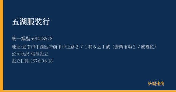 五湖服裝行的照片-統編 69418678(臺南市) 公司登記資料與營業項目詳細圖表