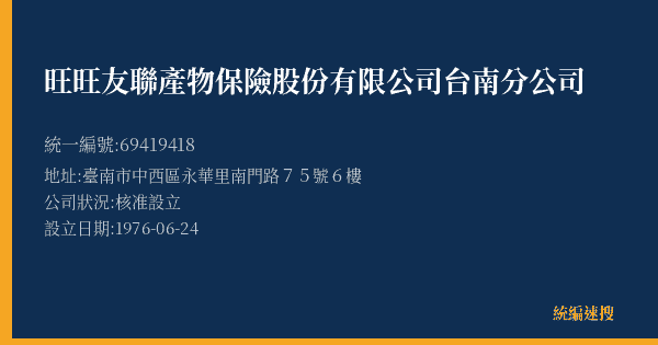 旺旺友聯產物保險股份有限公司台南分公司的照片-統編 69419418(臺南市) 公司登記資料與營業項目詳細圖表