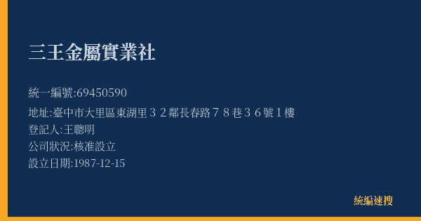 三王金屬實業社的照片-統編 69450590(臺中市) 公司登記資料與營業項目詳細圖表