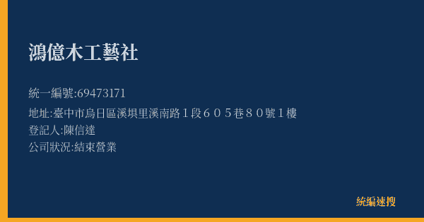 鴻億木工藝社的照片-統編 69473171(臺中市) 公司登記資料與營業項目詳細圖表