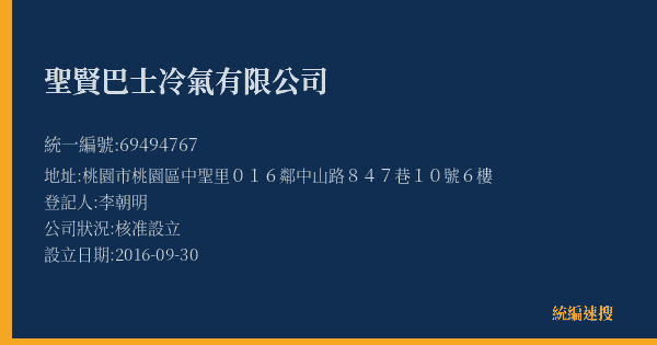 聖賢巴士冷氣有限公司的照片-統編 69494767(桃園市) 公司登記資料與營業項目詳細圖表
