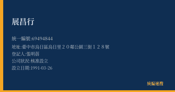 展昌行的照片-統編 69494844(臺中市) 公司登記資料與營業項目詳細圖表