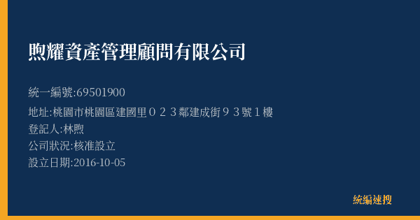 煦耀資產管理顧問有限公司的照片-統編 69501900(桃園市) 公司登記資料與營業項目詳細圖表