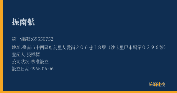 振南號的照片-統編 69550752(臺南市) 公司登記資料與營業項目詳細圖表